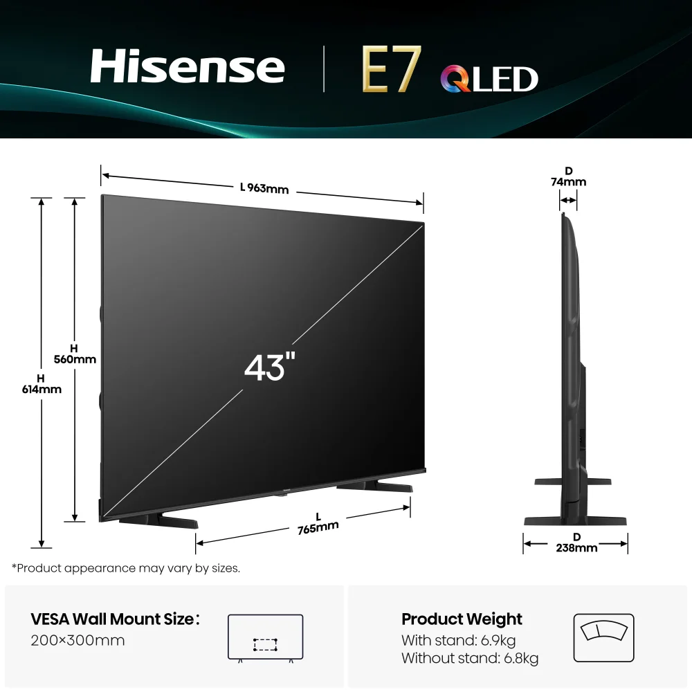 Hisense Televizor 43E7Q, 43", QLED, 4K, UHD, Smart TV, Crni