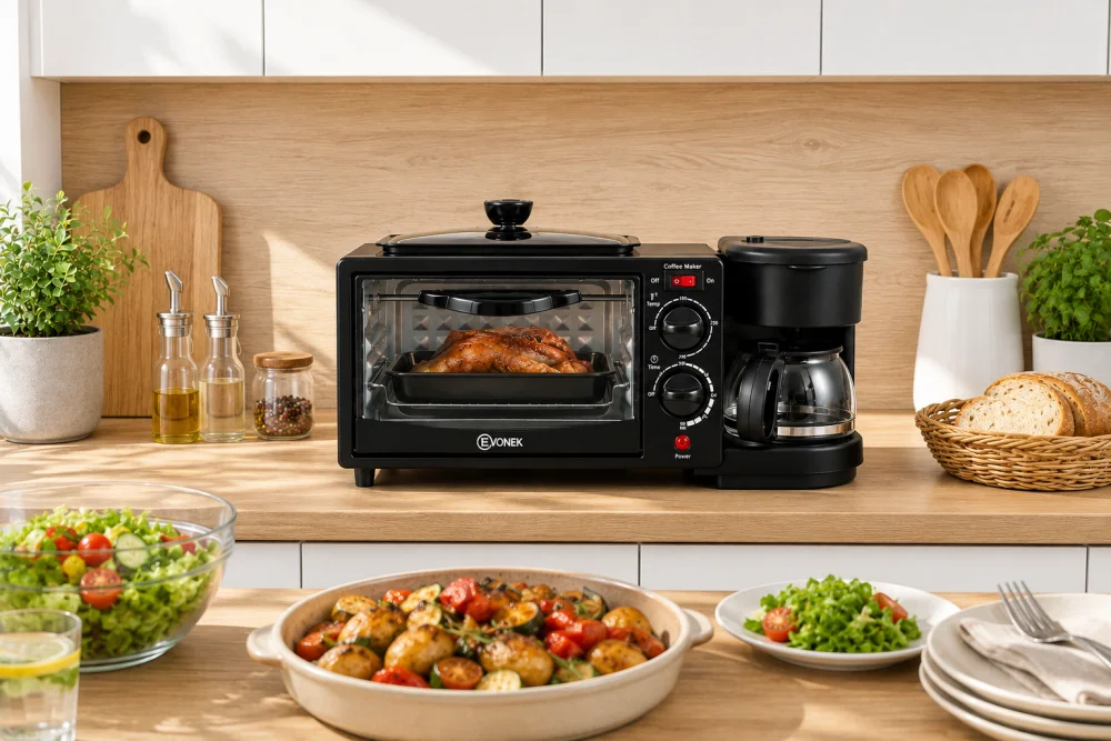 Evonek 3u1 set za doručak BON APPETIT, Roštilj, Rerna, Aparat za kafu, Crni