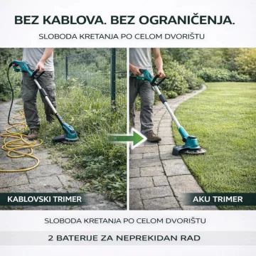 AKU Trimer za travu sa točkićima, 2 baterije, 3 vrste sečiva