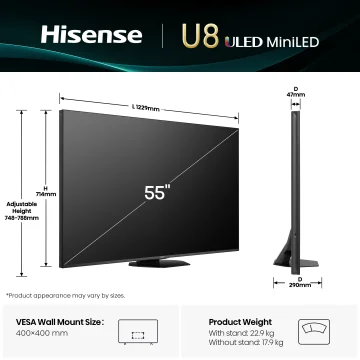 Hisense Televizor 55U8Q 55", MiniLED, 4K UHD, 165 Hz, Smart, Vidaa, Crni